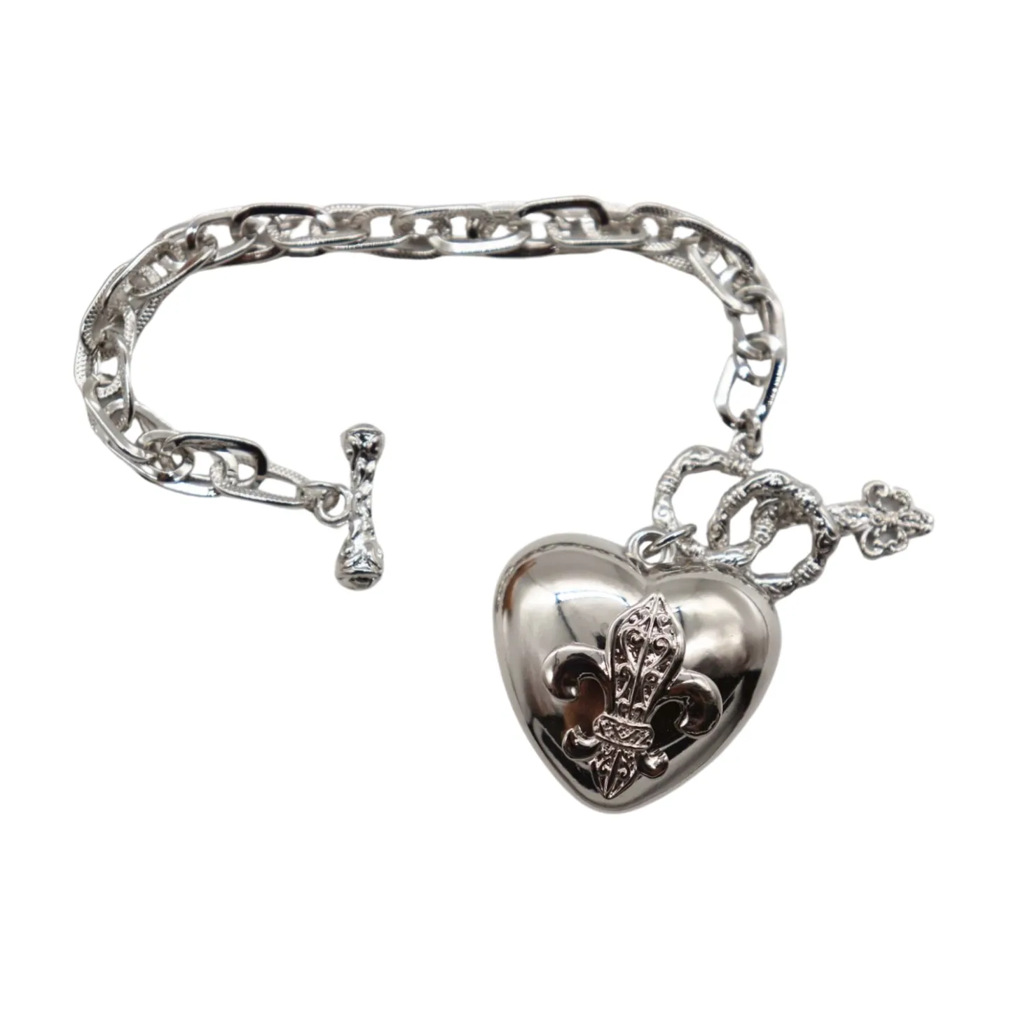 New Women Silver Metal Chain Links Fashion Bracelet Fleur De Lis Love Heart Charm