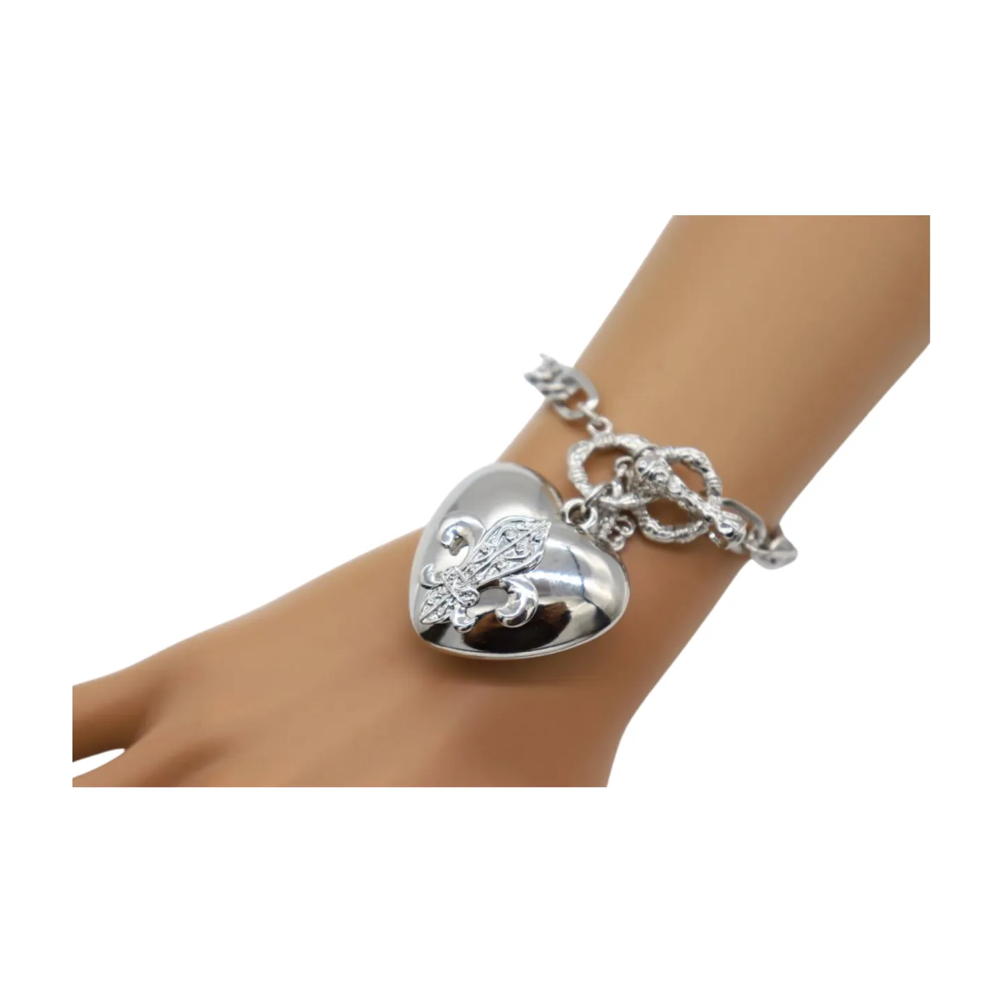 New Women Silver Metal Chain Links Fashion Bracelet Fleur De Lis Love Heart Charm