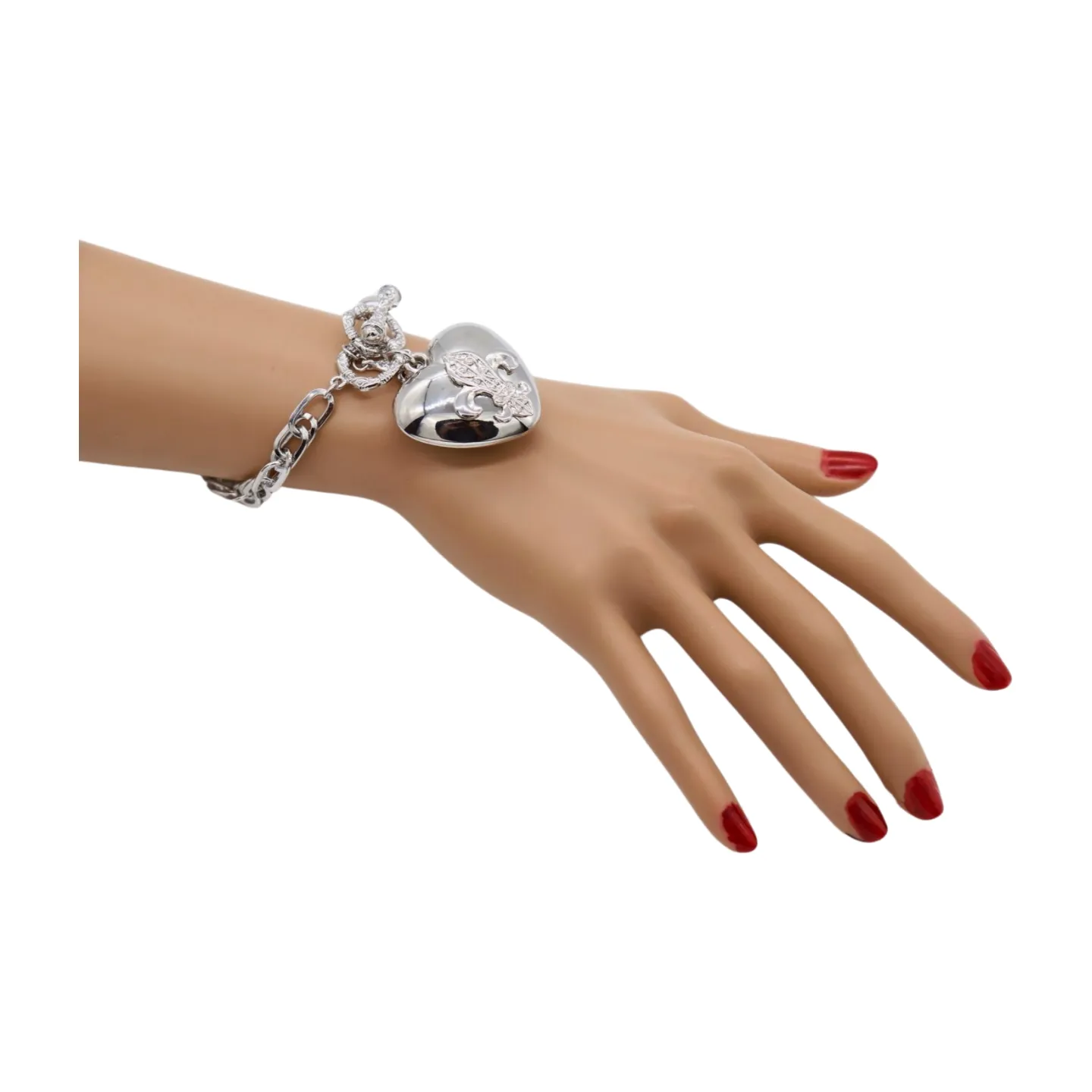 New Women Silver Metal Chain Links Fashion Bracelet Fleur De Lis Love Heart Charm