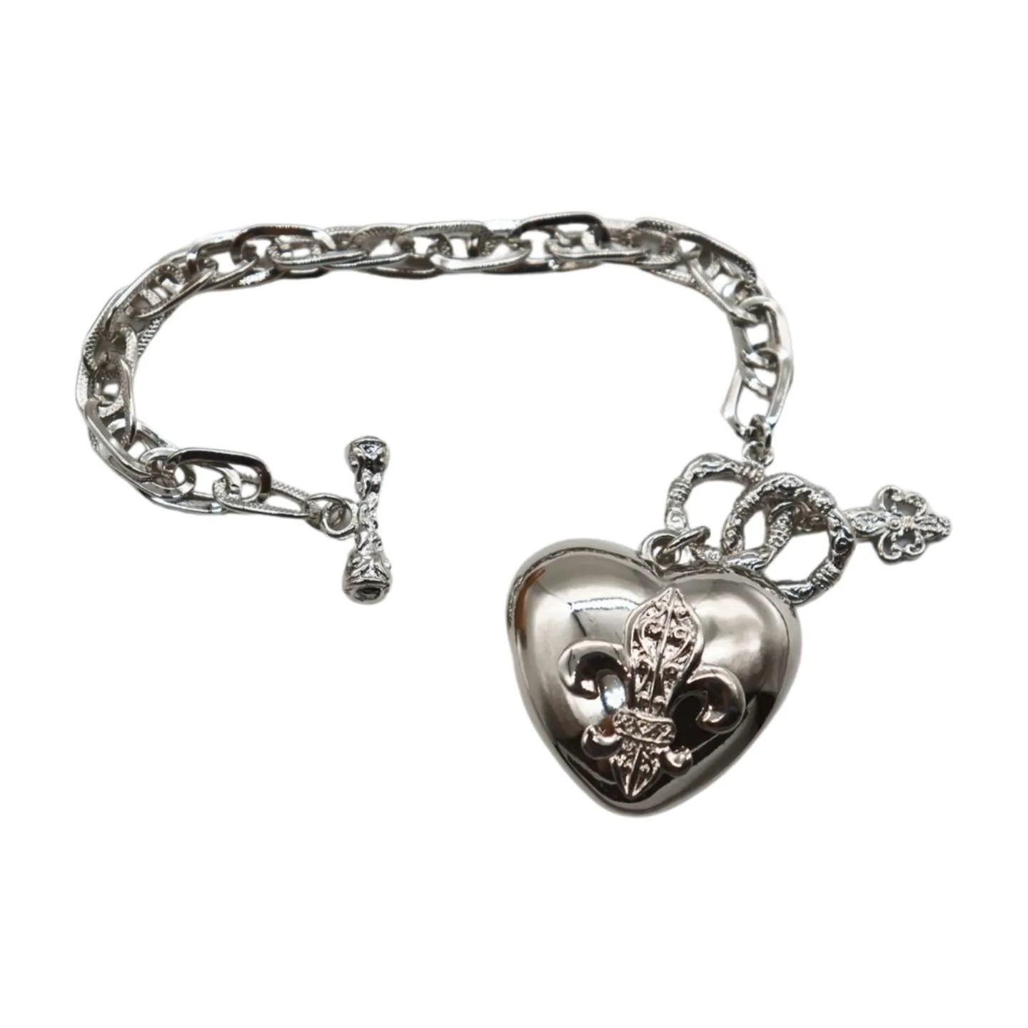 New Women Silver Metal Chain Links Fashion Bracelet Fleur De Lis Love Heart Charm