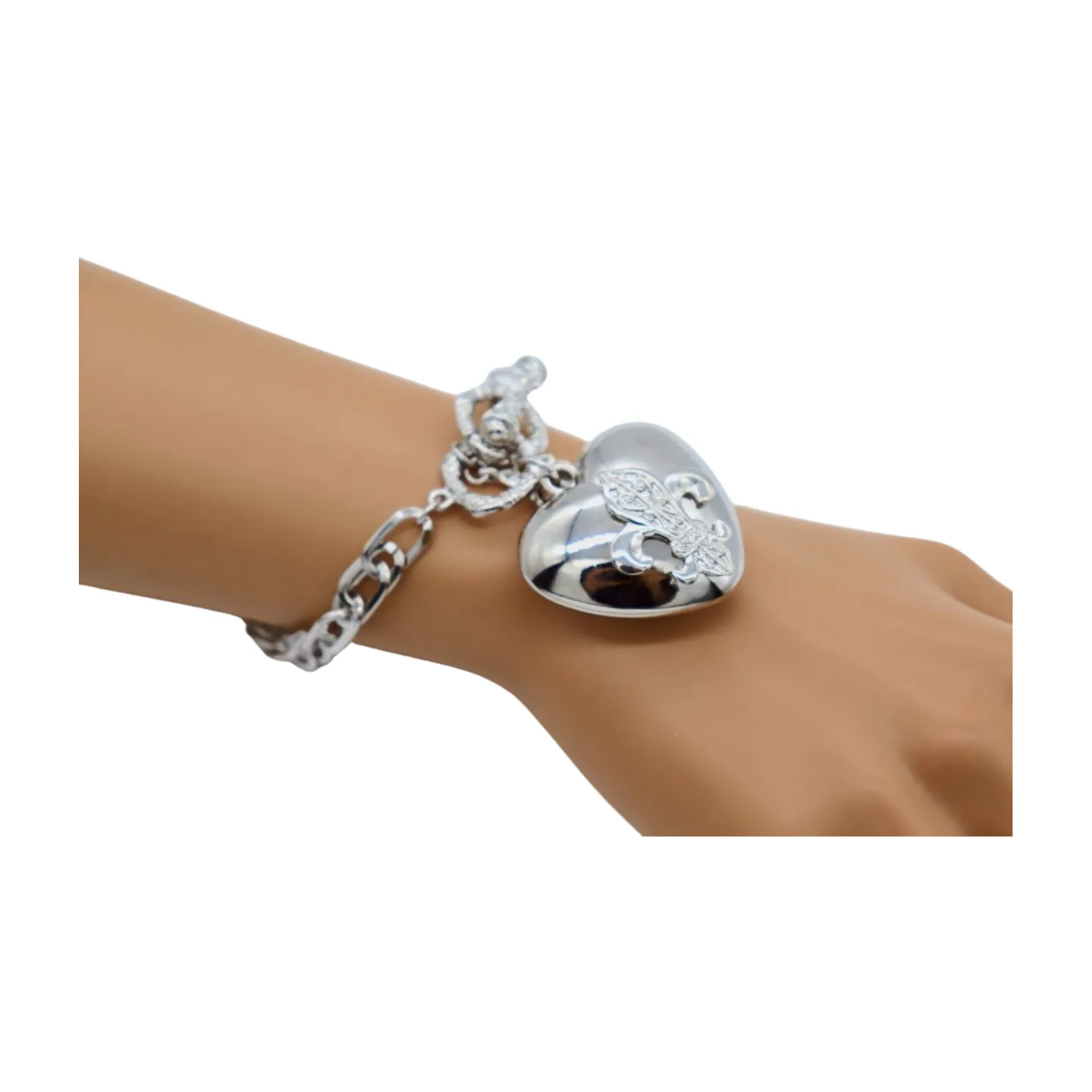 New Women Silver Metal Chain Links Fashion Bracelet Fleur De Lis Love Heart Charm