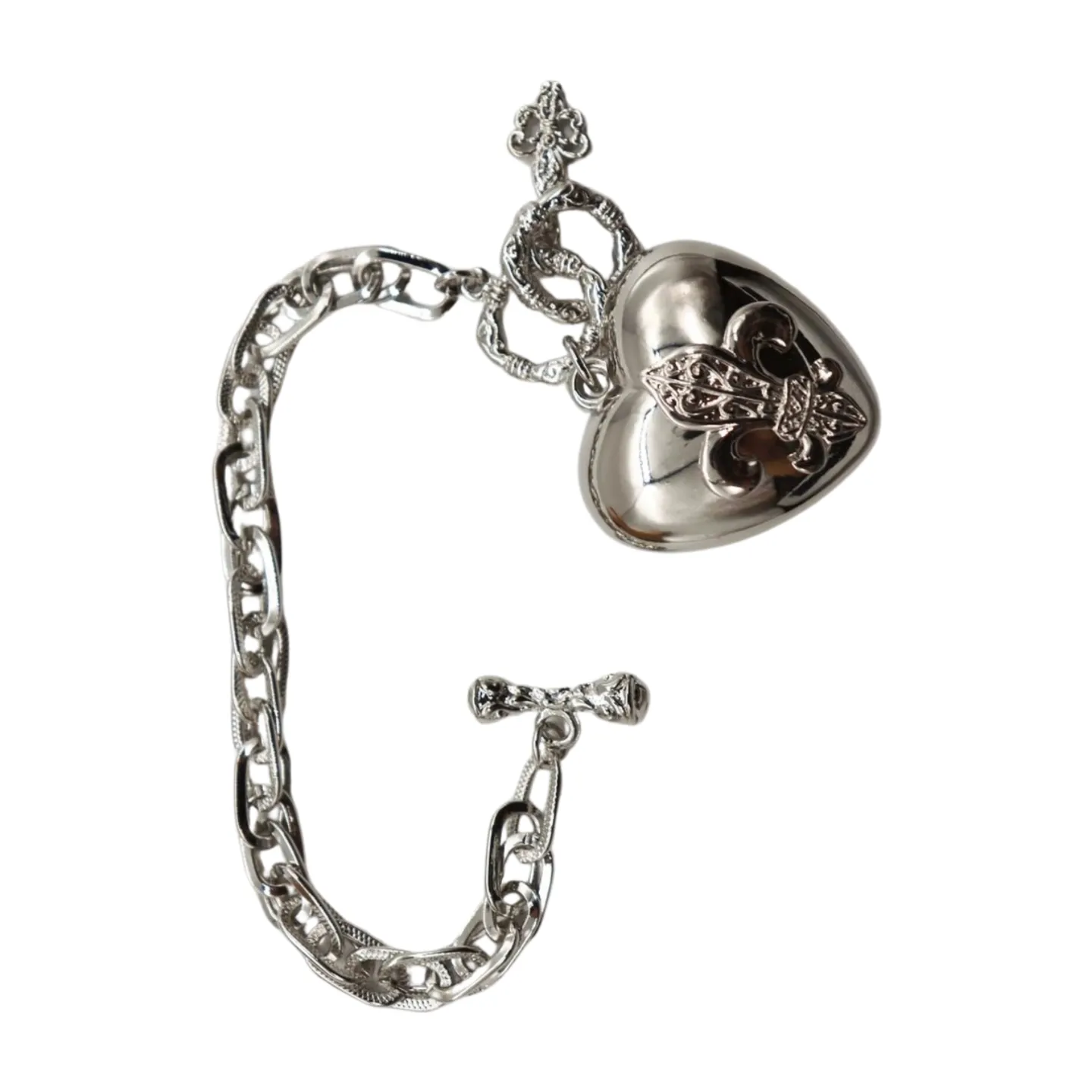 New Women Silver Metal Chain Links Fashion Bracelet Fleur De Lis Love Heart Charm