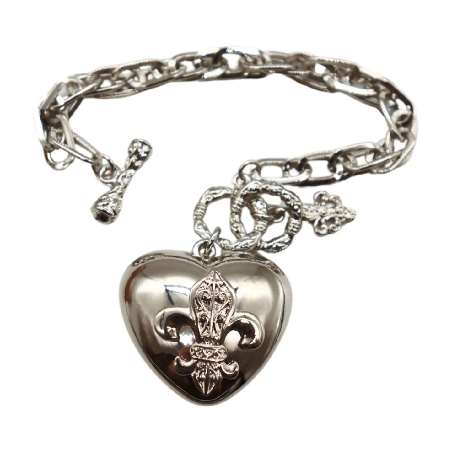New Women Silver Metal Chain Links Fashion Bracelet Fleur De Lis Love Heart Charm