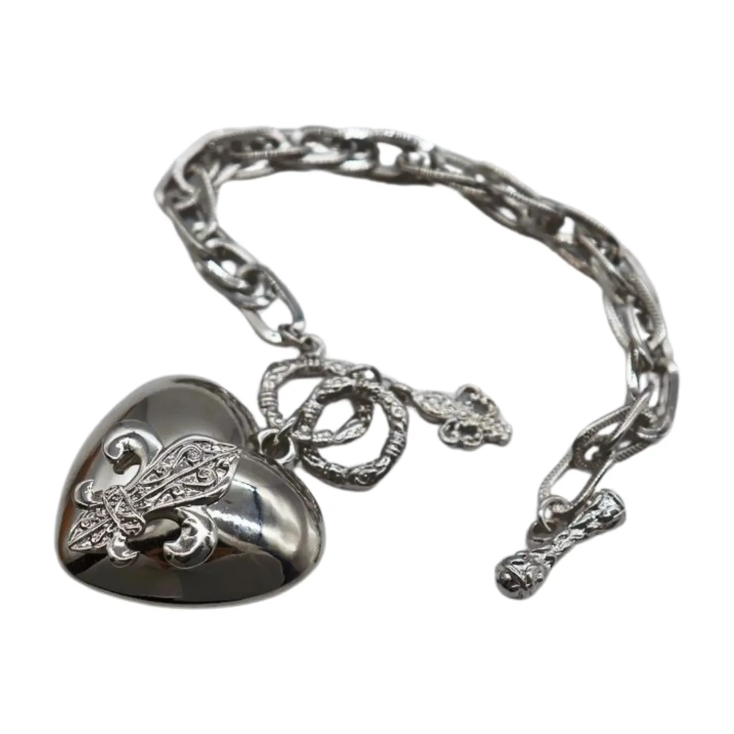 New Women Silver Metal Chain Links Fashion Bracelet Fleur De Lis Love Heart Charm