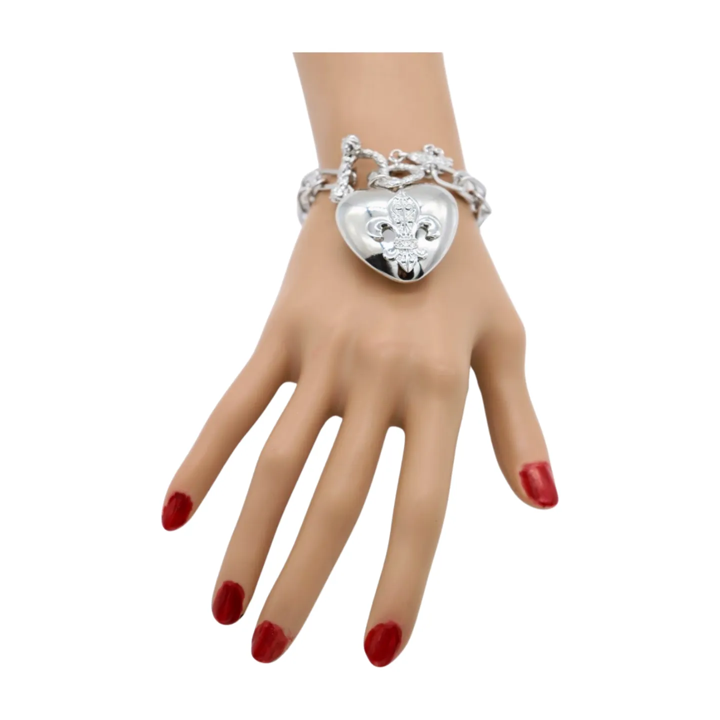 New Women Silver Metal Chain Links Fashion Bracelet Fleur De Lis Love Heart Charm
