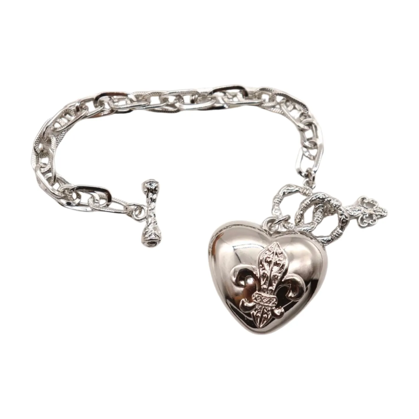 New Women Silver Metal Chain Links Fashion Bracelet Fleur De Lis Love Heart Charm