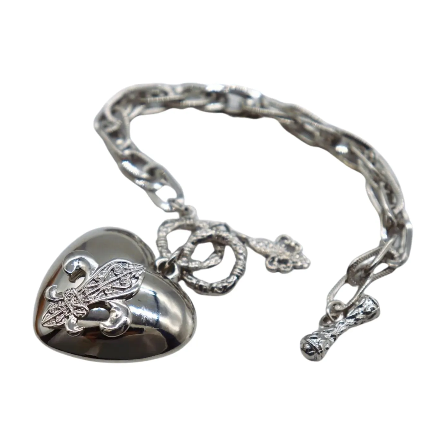 New Women Silver Metal Chain Links Fashion Bracelet Fleur De Lis Love Heart Charm