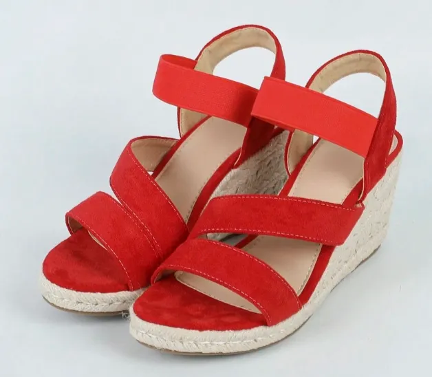 NEW Women's Suede Wedge Heel Elastic Strap Casual Sandals With Rope Bottom, Red, Sz 11