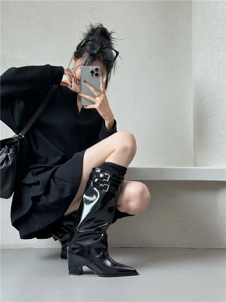 Niche Pointed Toe Chunky Heel Belt Buckle Below The Knee Long Canister Boots