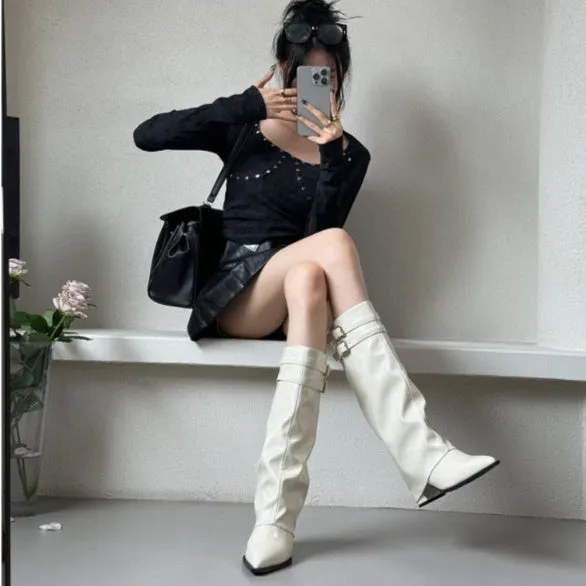 Niche Pointed Toe Chunky Heel Belt Buckle Below The Knee Long Canister Boots