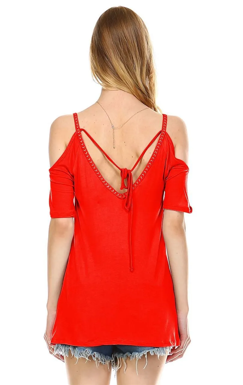 Off the Shoulder Tops with Back Tie and Neck Trimming Red Orange