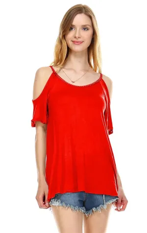 Off the Shoulder Tops with Back Tie and Neck Trimming Red Orange