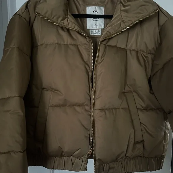Olive Collection Puffer Jacket - Women's Large, Taupe, Zip-Up