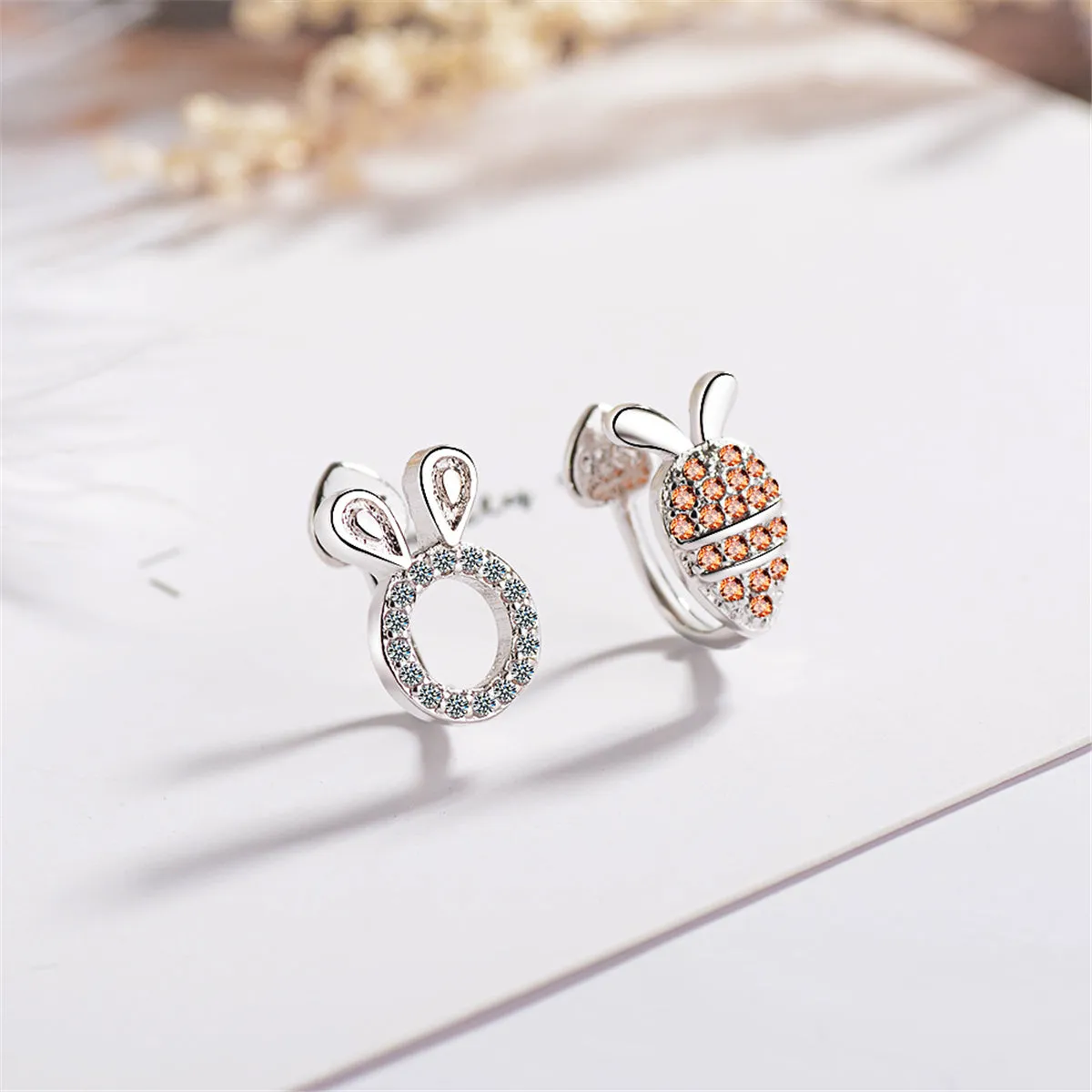 Orange Cubic Zirconia & Silver-Plated Radish Rabbit Asymmetrical Stud Earrings