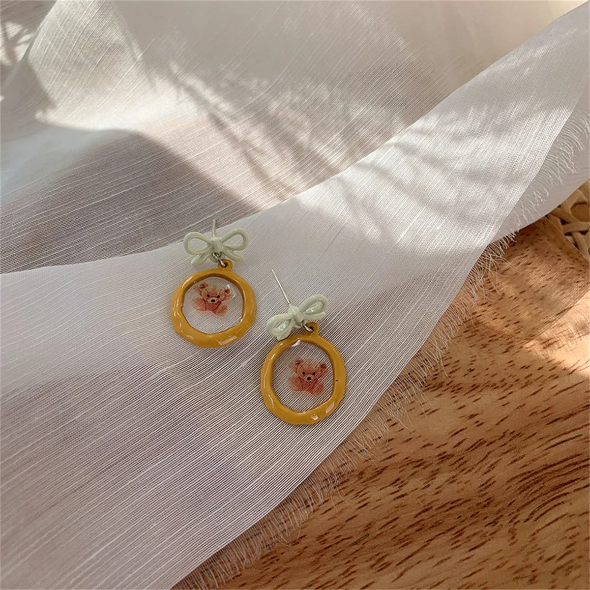 Orange Enamel & Silver-Plated Bow Bear Drop Earrings