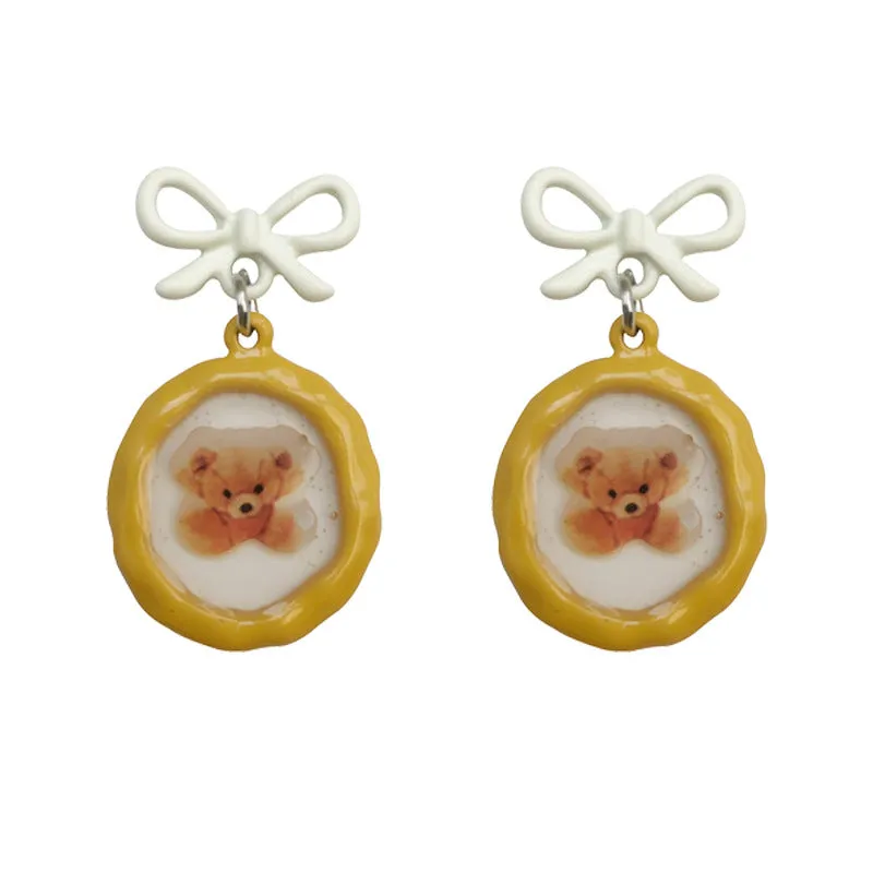 Orange Enamel & Silver-Plated Bow Bear Drop Earrings
