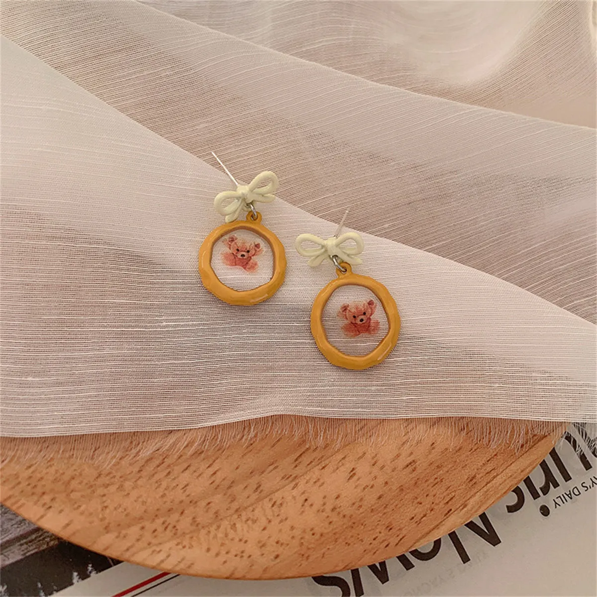 Orange Enamel & Silver-Plated Bow Bear Drop Earrings