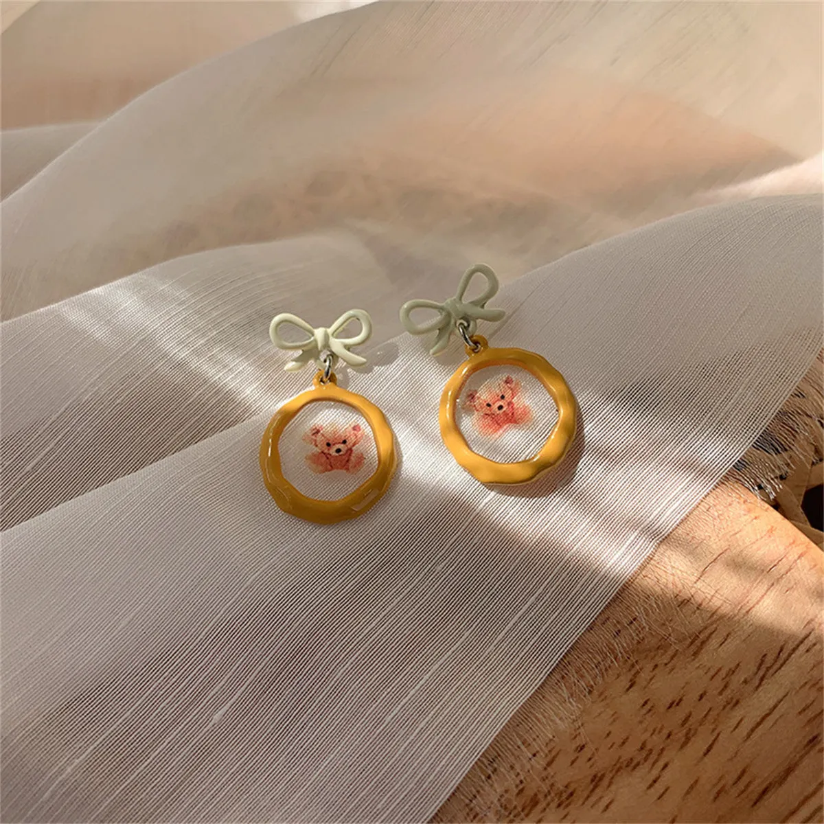 Orange Enamel & Silver-Plated Bow Bear Drop Earrings