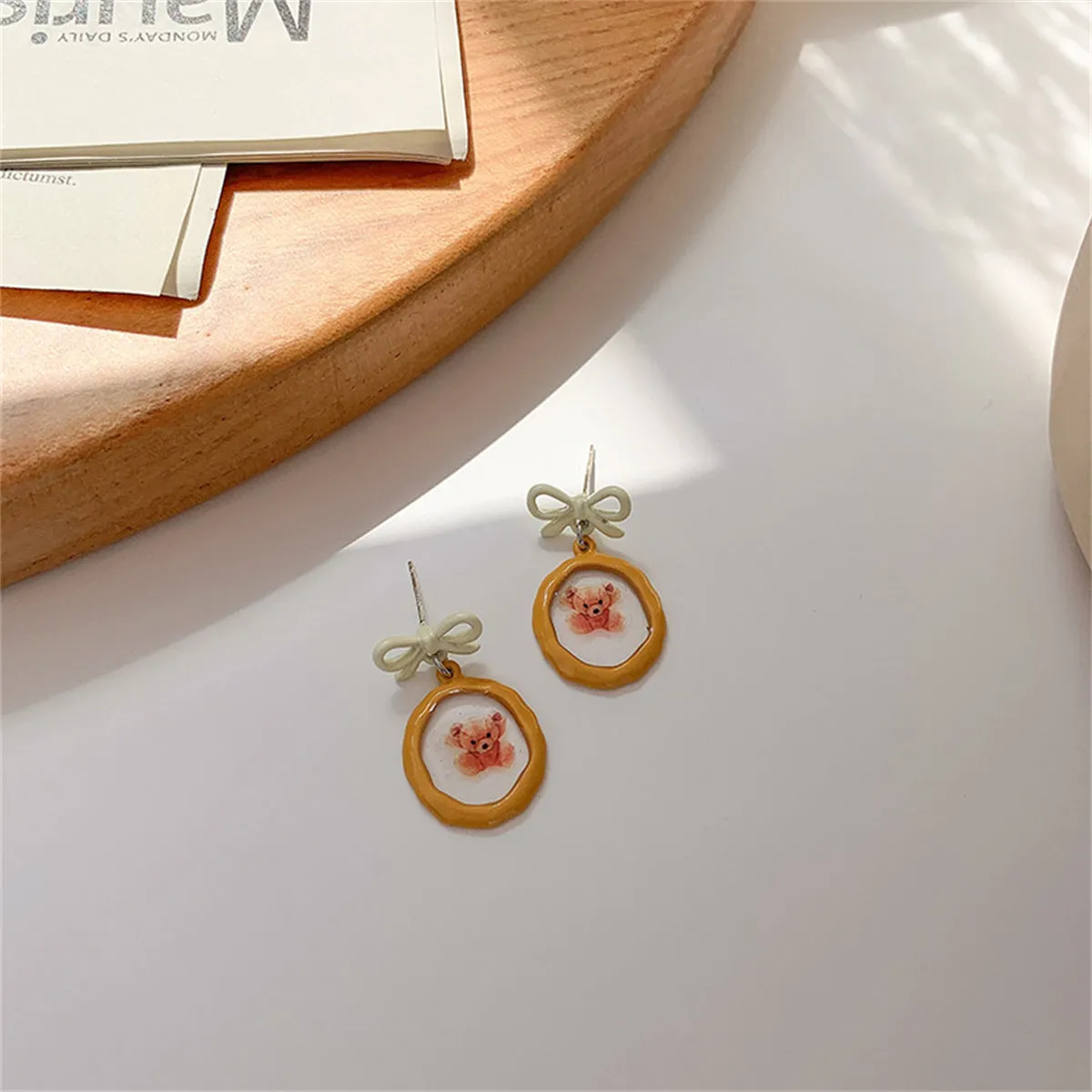 Orange Enamel & Silver-Plated Bow Bear Drop Earrings