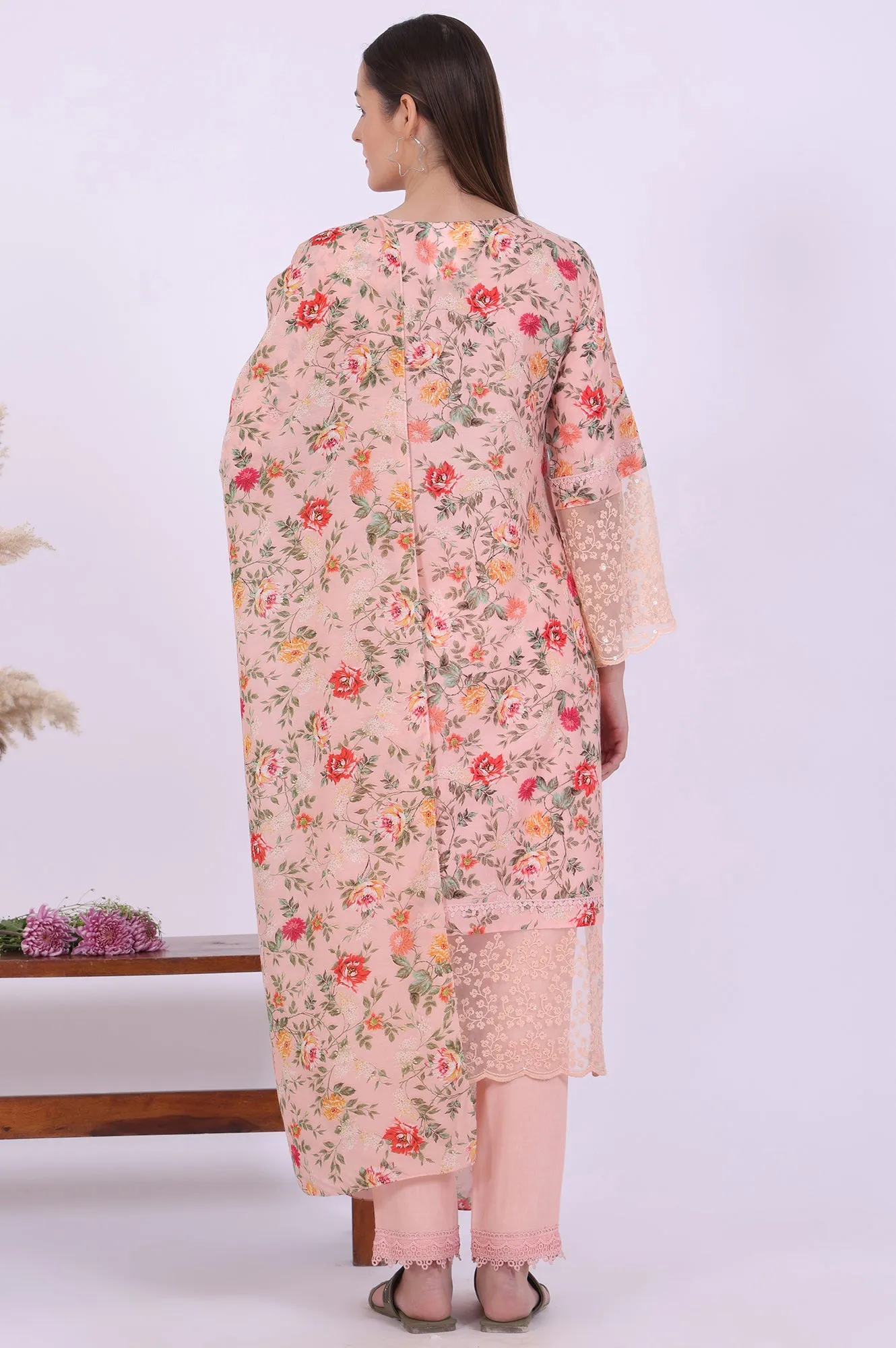 Orange Printed Straight Kurta with Trouser & Dupatta Set