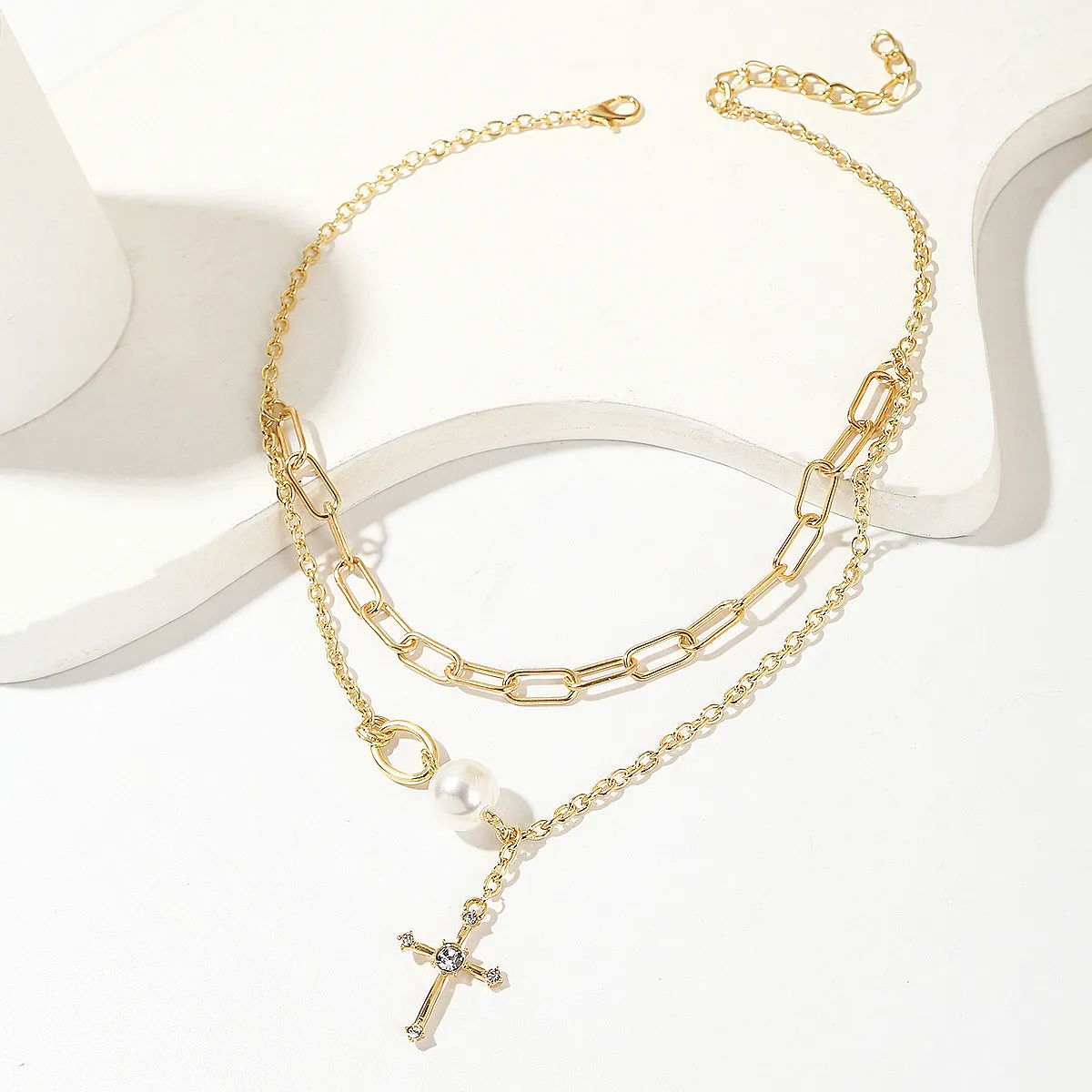 Pearl & Cubic Zirconia 18K Gold-Plated Cross Layered Necklace
