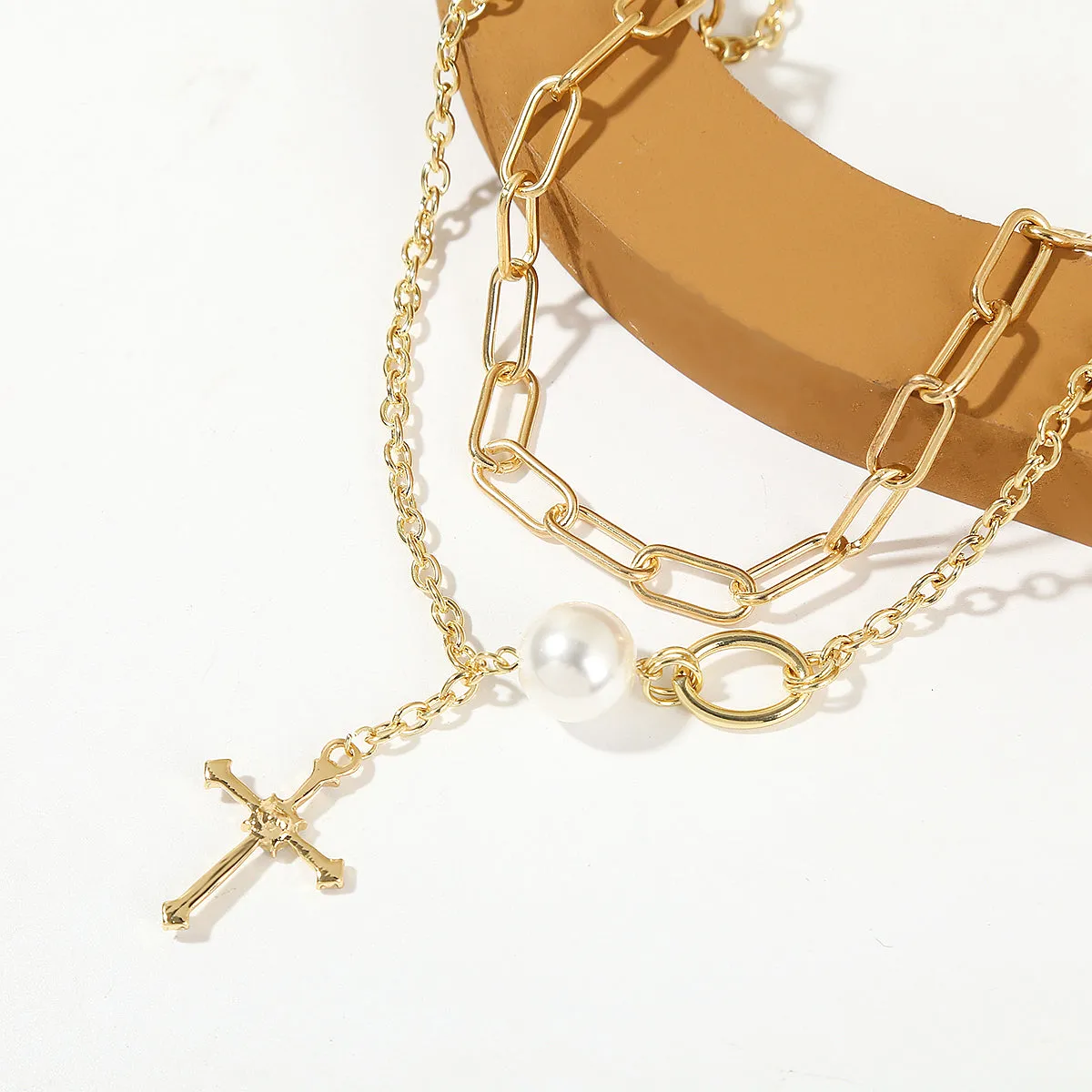 Pearl & Cubic Zirconia 18K Gold-Plated Cross Layered Necklace