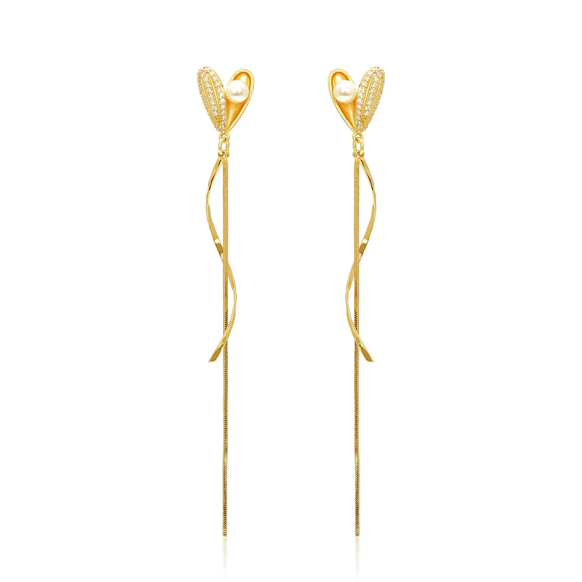 Pearl & Cubic Zirconia 18K Gold-Plated Heart Tassel Drop Earrings