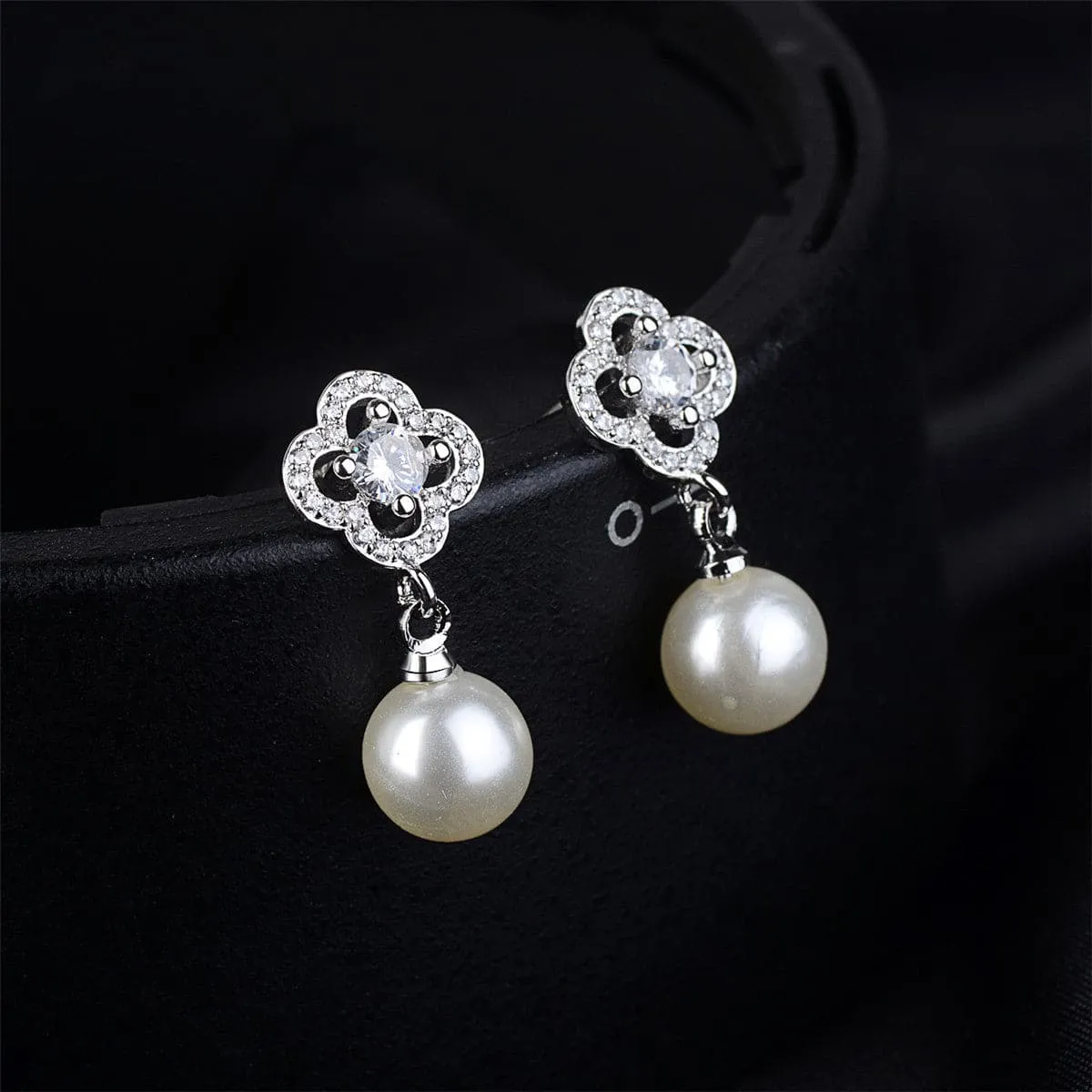 Pearl & Cubic Zirconia Silver-Plated Open Flower Drop Earrings