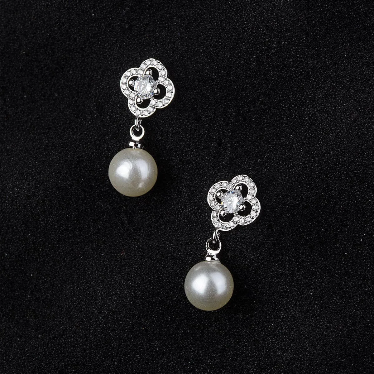 Pearl & Cubic Zirconia Silver-Plated Open Flower Drop Earrings