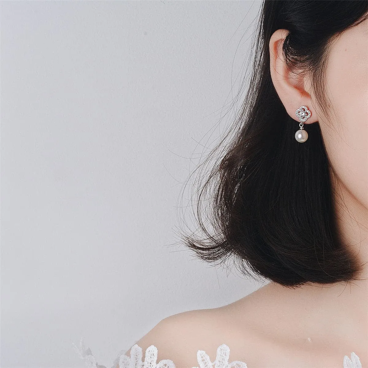 Pearl & Cubic Zirconia Silver-Plated Open Flower Drop Earrings