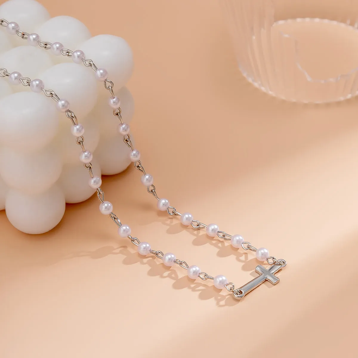 Pearl & Silver-Plated Cross Necklace