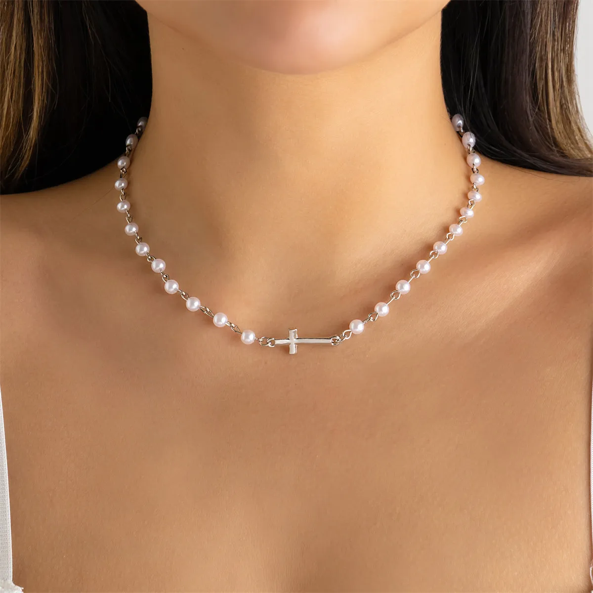 Pearl & Silver-Plated Cross Necklace