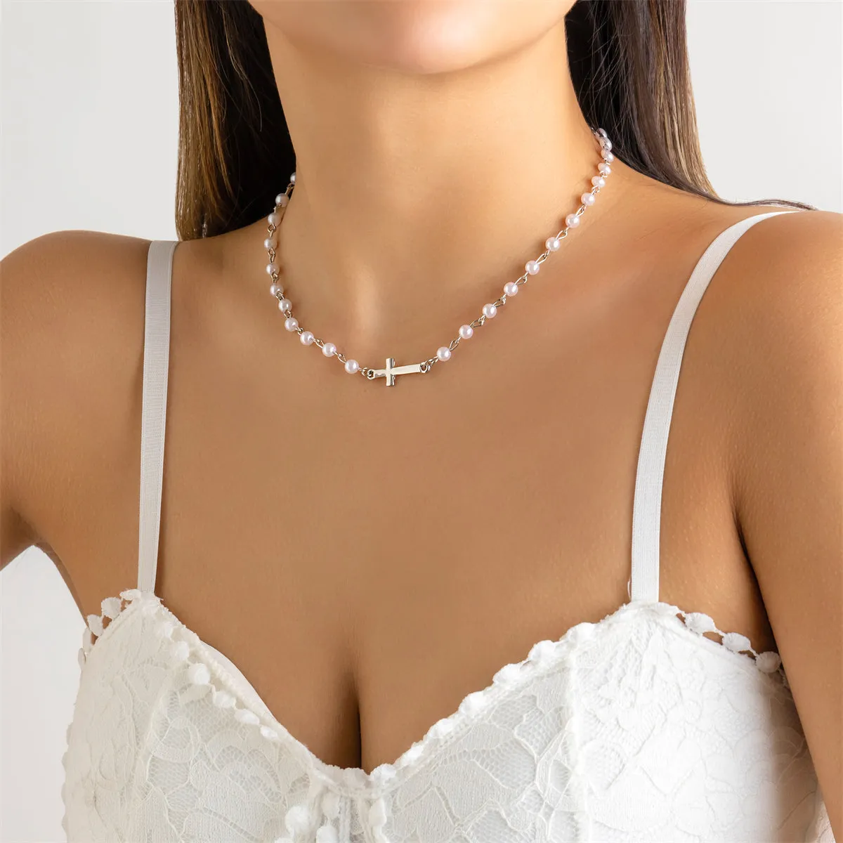 Pearl & Silver-Plated Cross Necklace