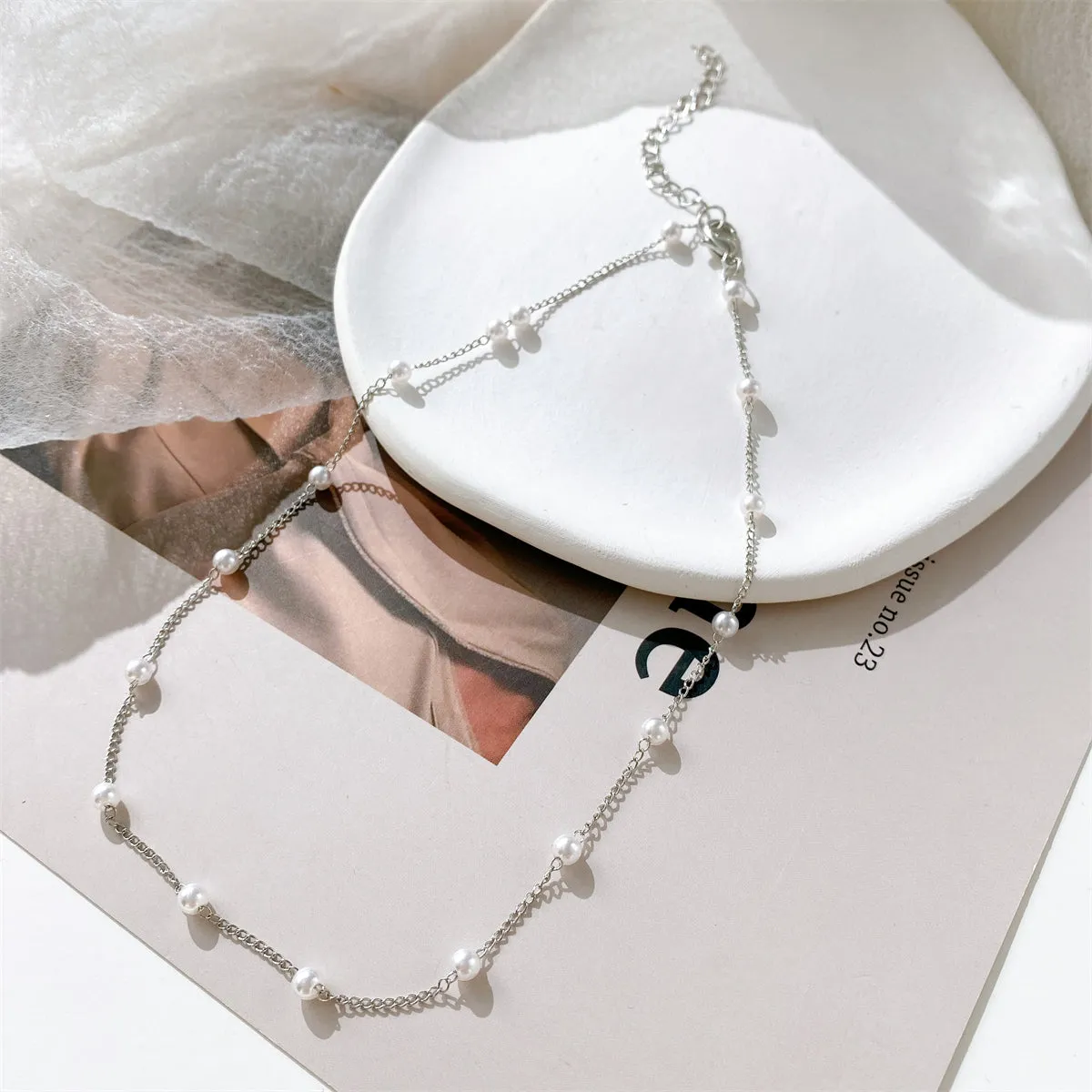 Pearl & Silver-Plated Station Chain Necklace