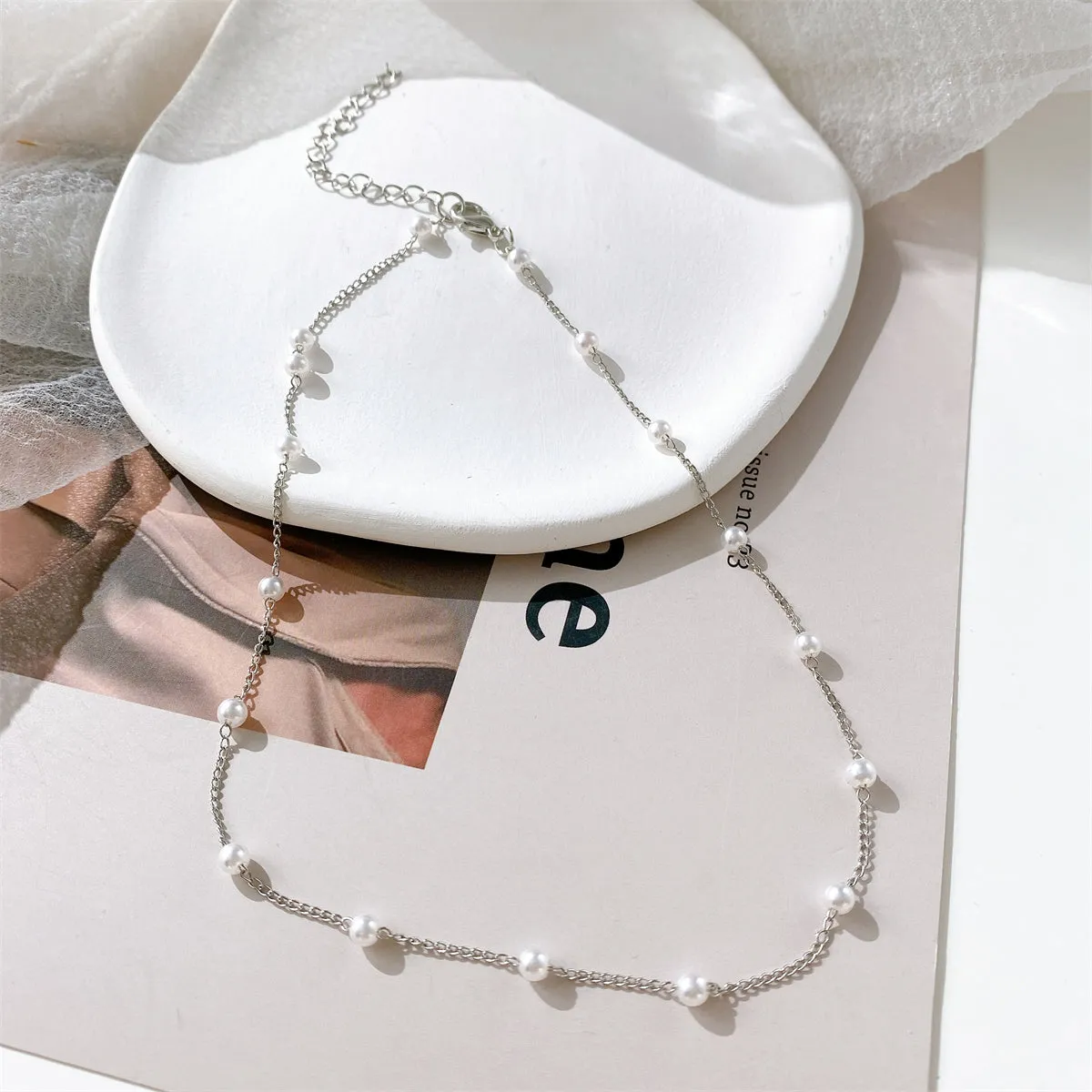 Pearl & Silver-Plated Station Chain Necklace
