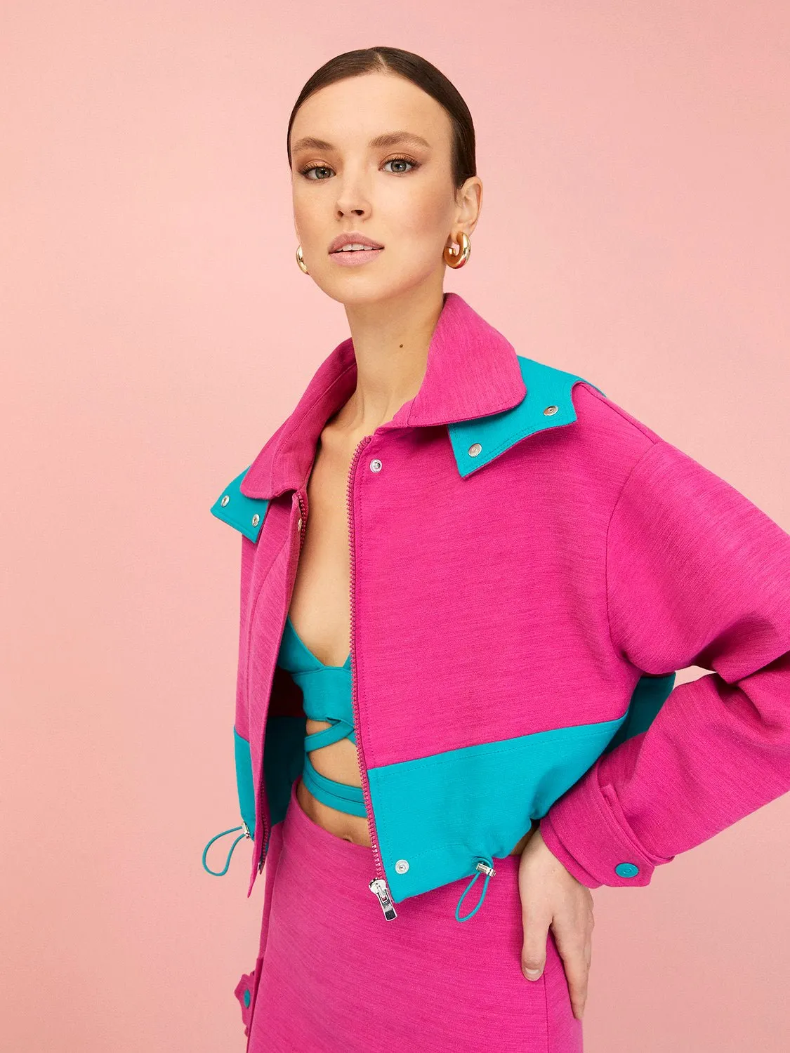 Pink Block Cropped Jacket with Removable Hood