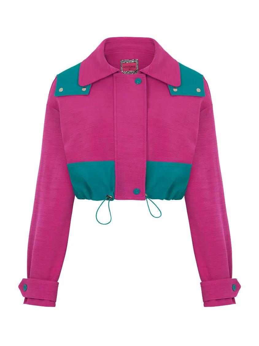 Pink Block Cropped Jacket with Removable Hood