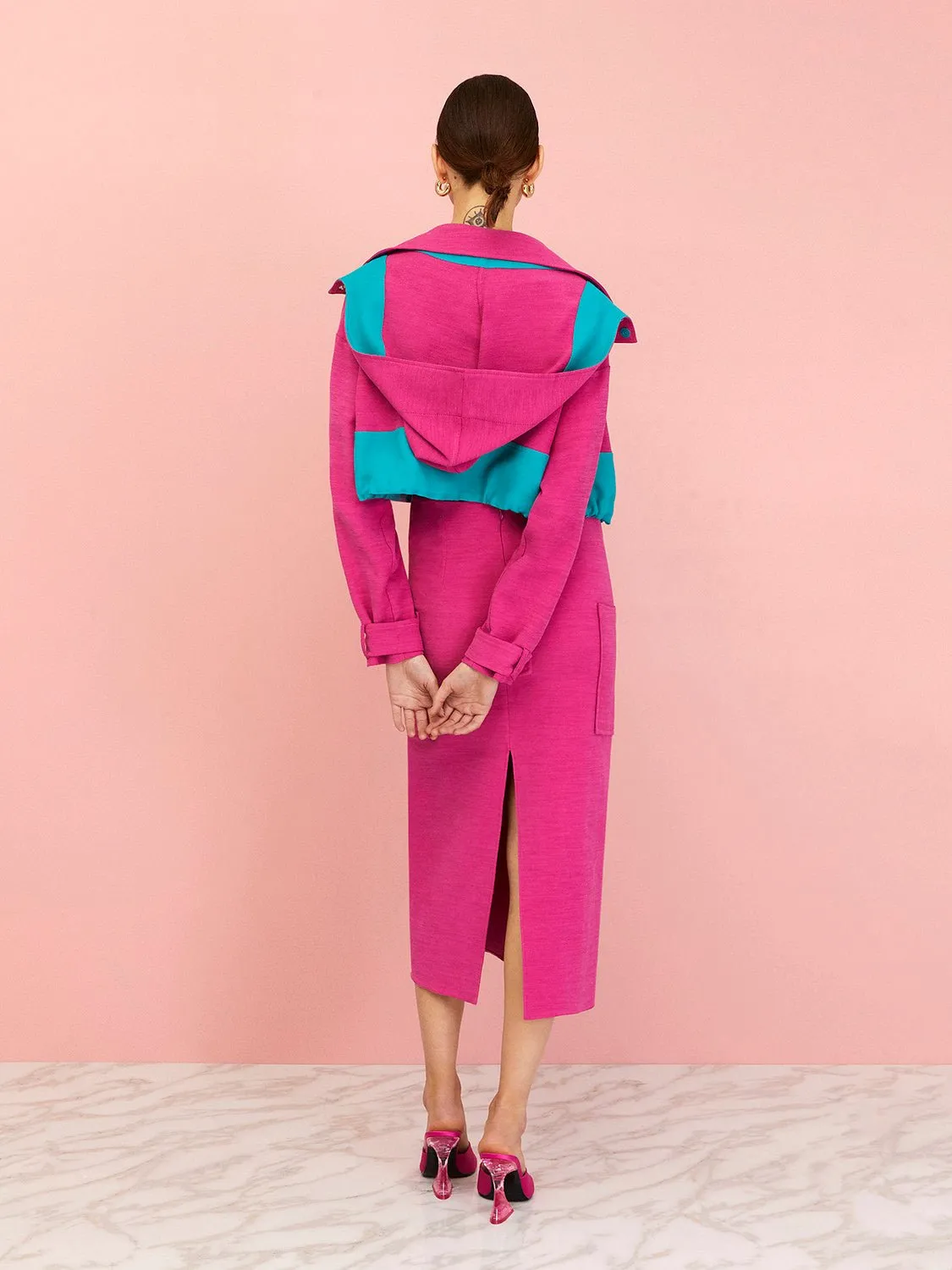 Pink Block Cropped Jacket with Removable Hood