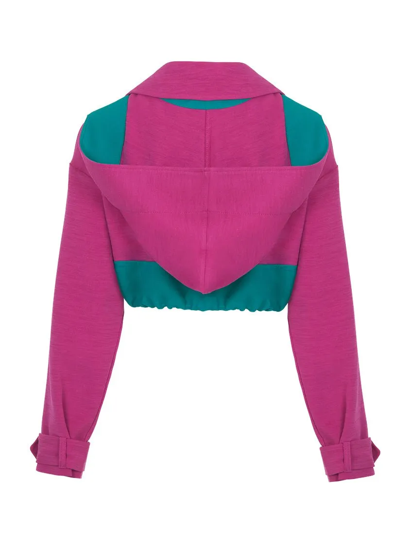 Pink Block Cropped Jacket with Removable Hood