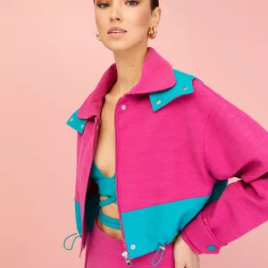 Pink Block Cropped Jacket with Removable Hood