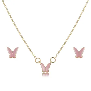 Pink Enamel & 18K Gold-Plated Butterfly Pendant Necklace & Stud Earrings