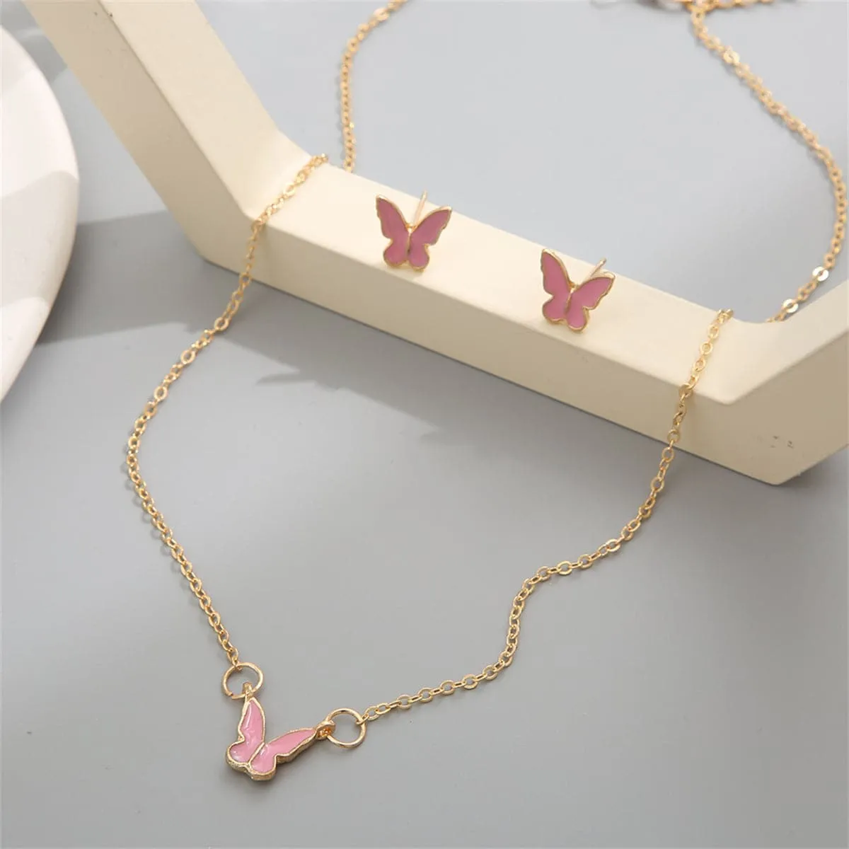 Pink Enamel & 18K Gold-Plated Butterfly Pendant Necklace & Stud Earrings