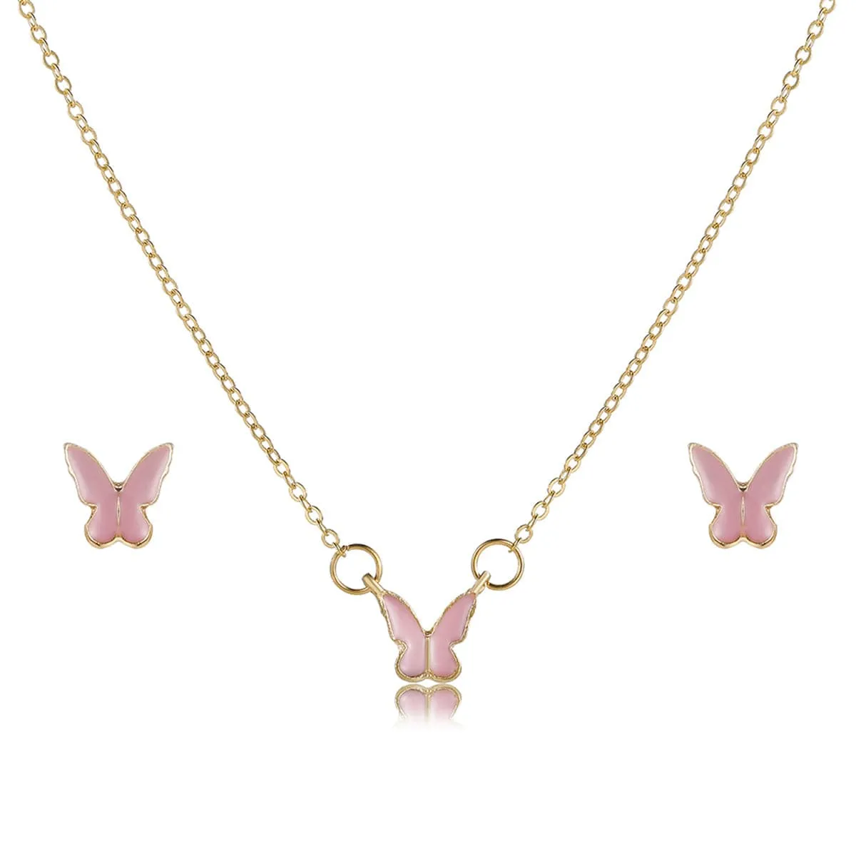 Pink Enamel & 18K Gold-Plated Butterfly Pendant Necklace & Stud Earrings