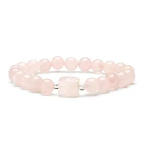 Pink Quartz & Acrylic Cylinder Charm Beaded Stretch Bracelet