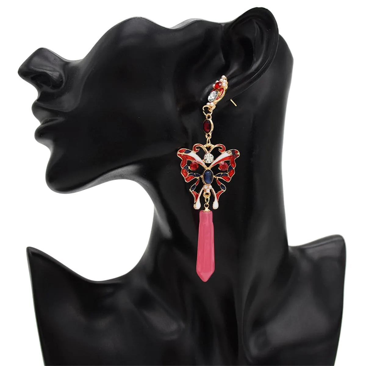 Pink Resin & Cubic Zirconia Butterfly Drop Earrings