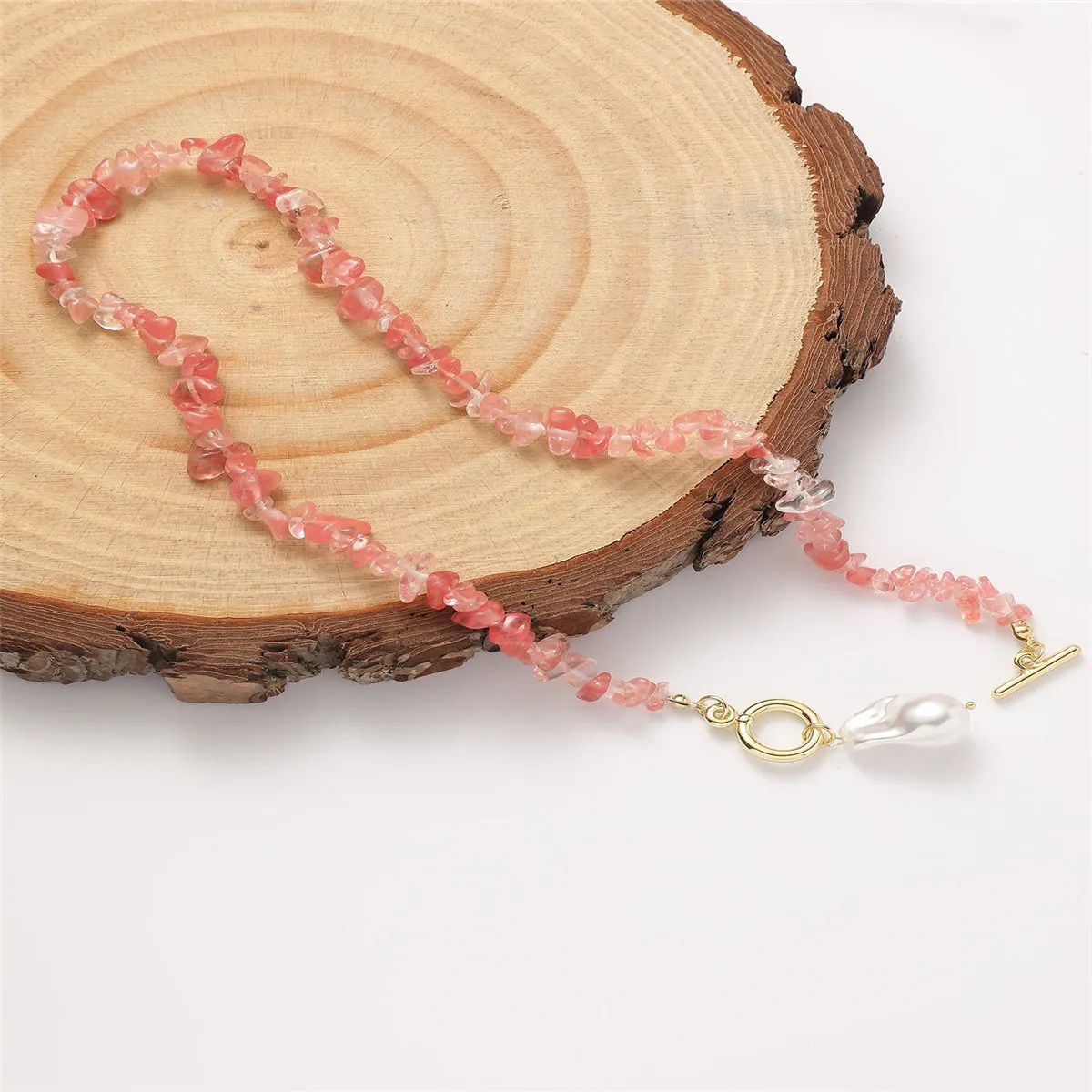 Pink Resin & Pearl Irregular Stone Toggle Pendant Necklace