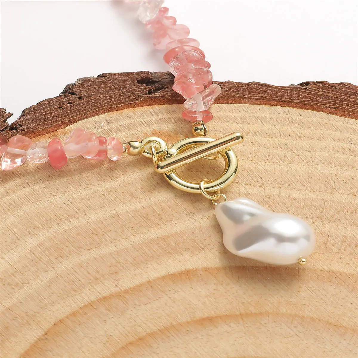 Pink Resin & Pearl Irregular Stone Toggle Pendant Necklace