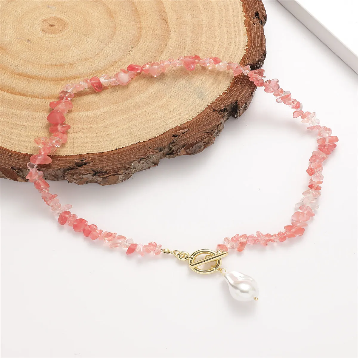 Pink Resin & Pearl Irregular Stone Toggle Pendant Necklace