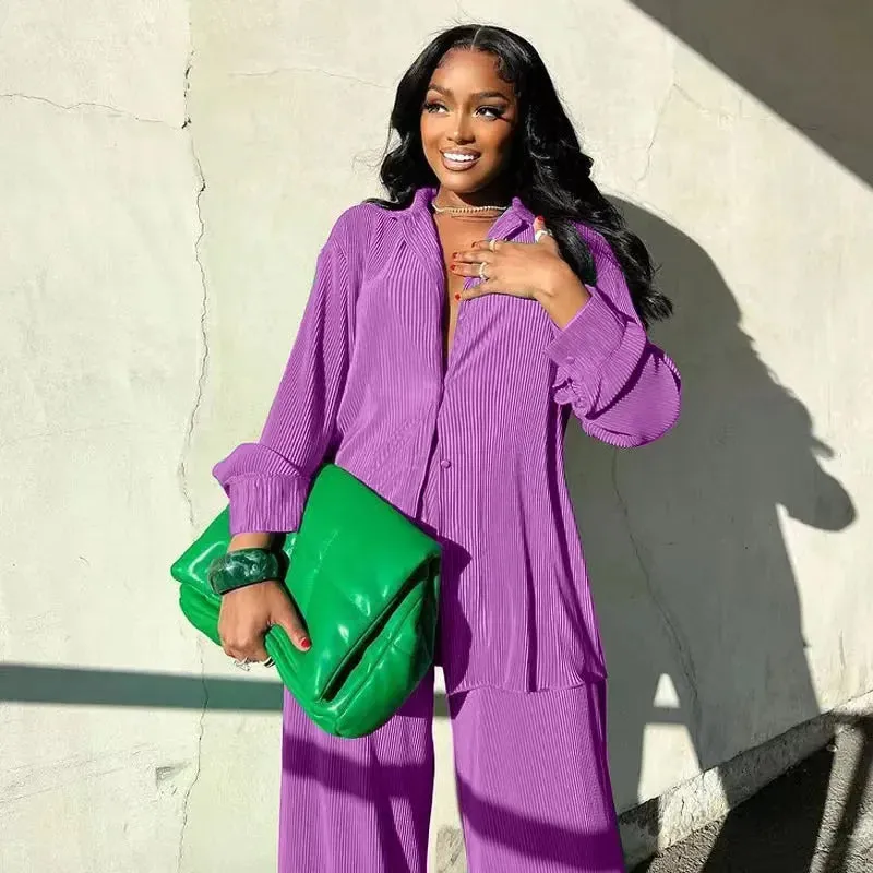 Pleated Solid Color Long Sleeve Wide Leg Pants Suits