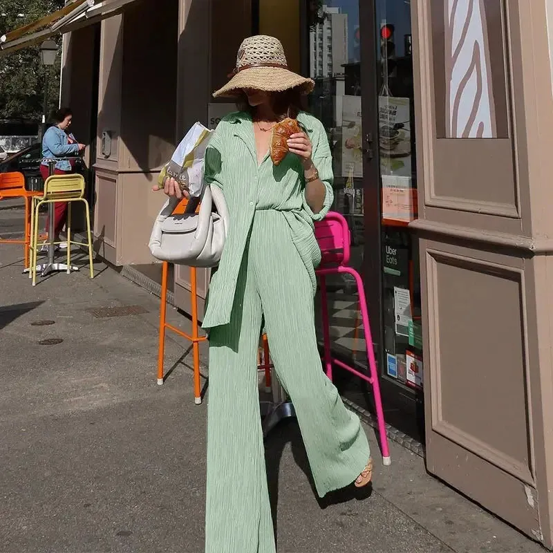 Pleated Solid Color Long Sleeve Wide Leg Pants Suits